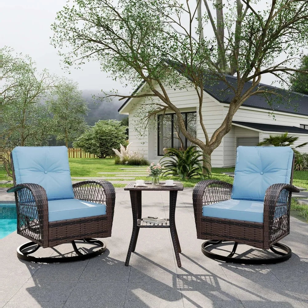 3 Piece Outdoor Swivel Chairs, Wicker Patio Bistro Set with Thickened Cushions and Side Table, Patio Swivel Rocking Chairs for P
