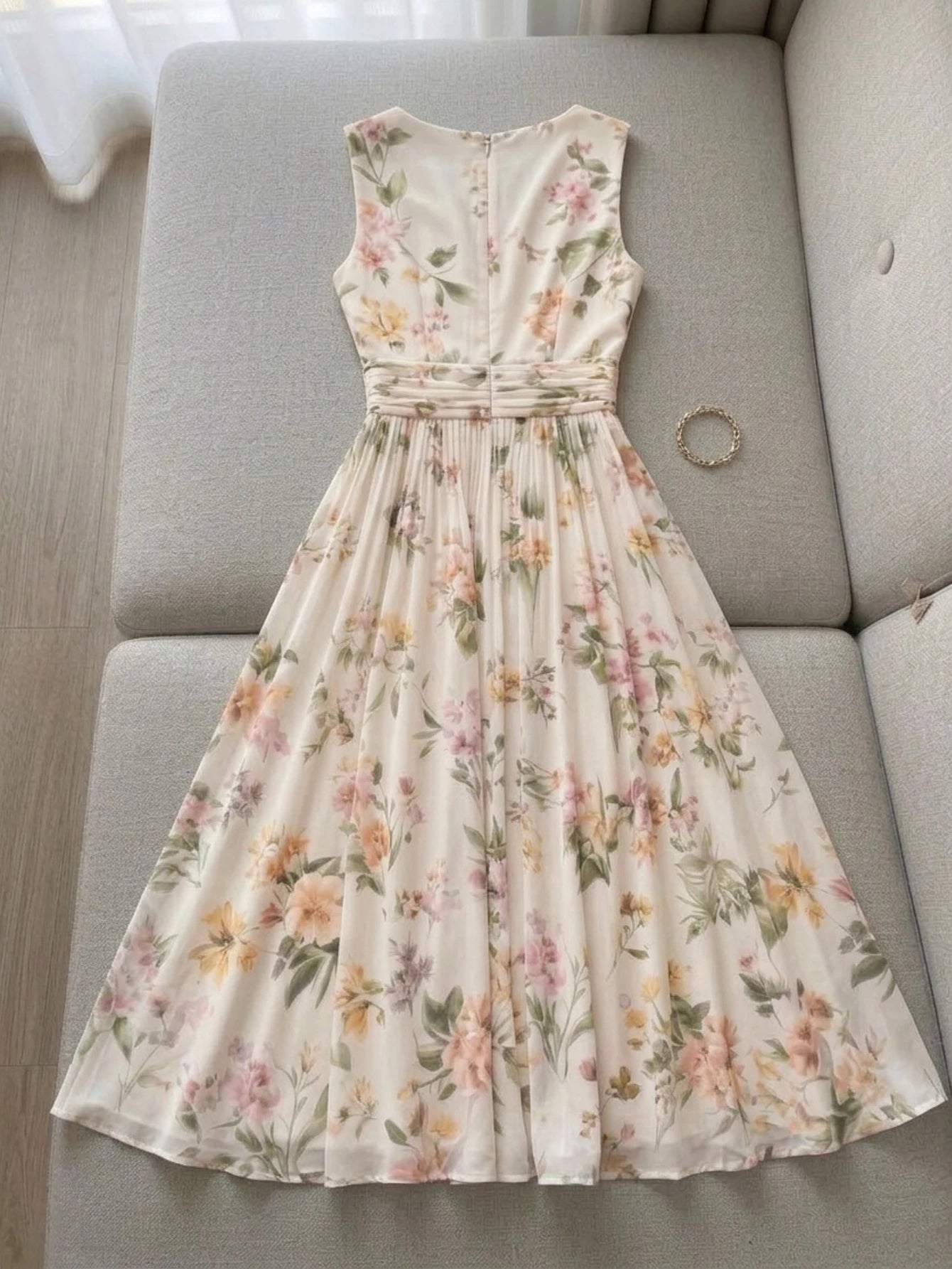 Sleeveless Floral Print Midi Dress For Women Wrap V Neck Ruched High Waist Pleated Swing A Line Summer Holiday Dress