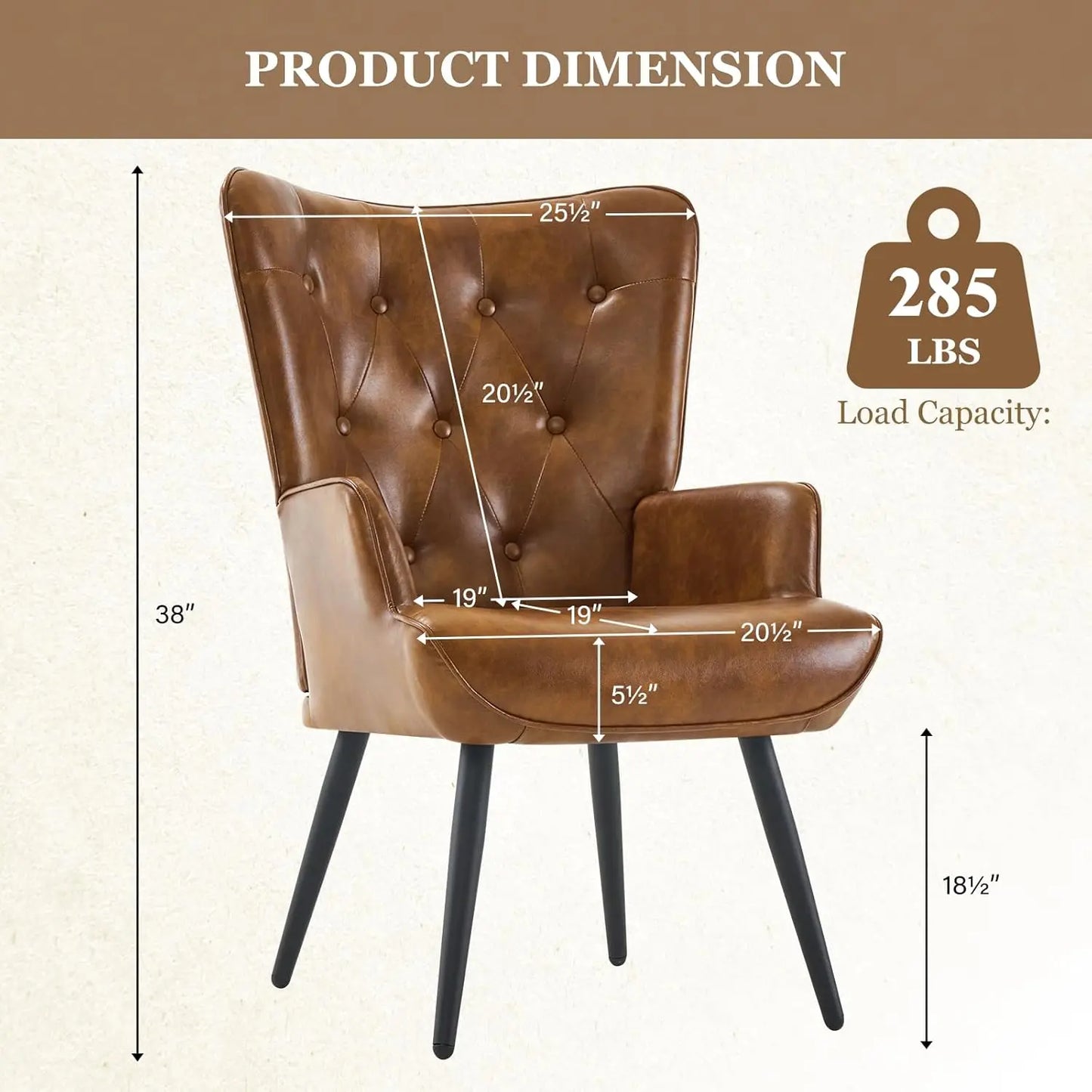 Set of 2 Mid Century Brown PU Leather Wingback Accent Chairs, High Backrest Reading Corner Armchair, Customized