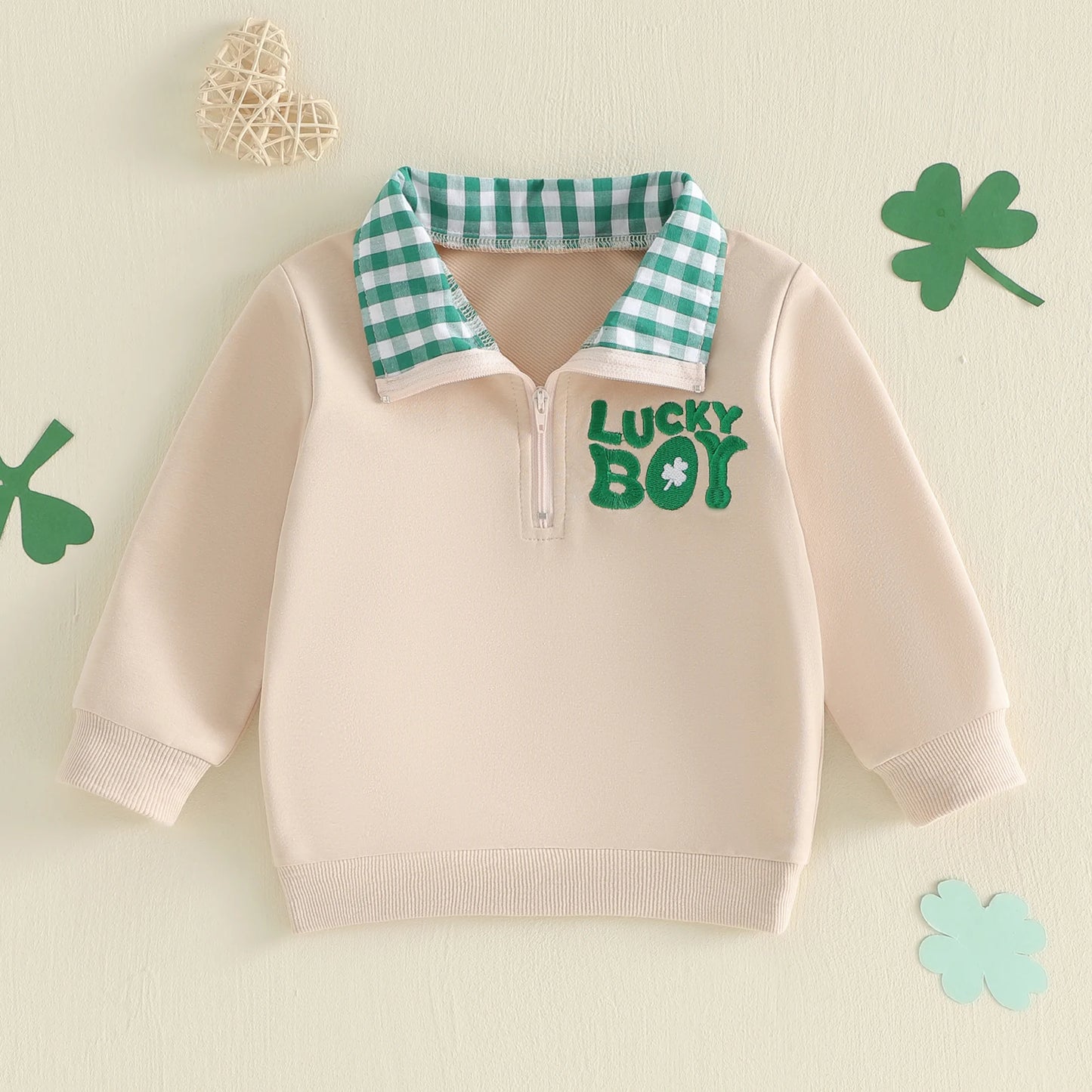 Kids St Patrick s Day Hoodie Irish Clover Embroidered Sweatshirt Long Sleeve Lapel Quarter Zip Pullover Sweatshirt for Boys