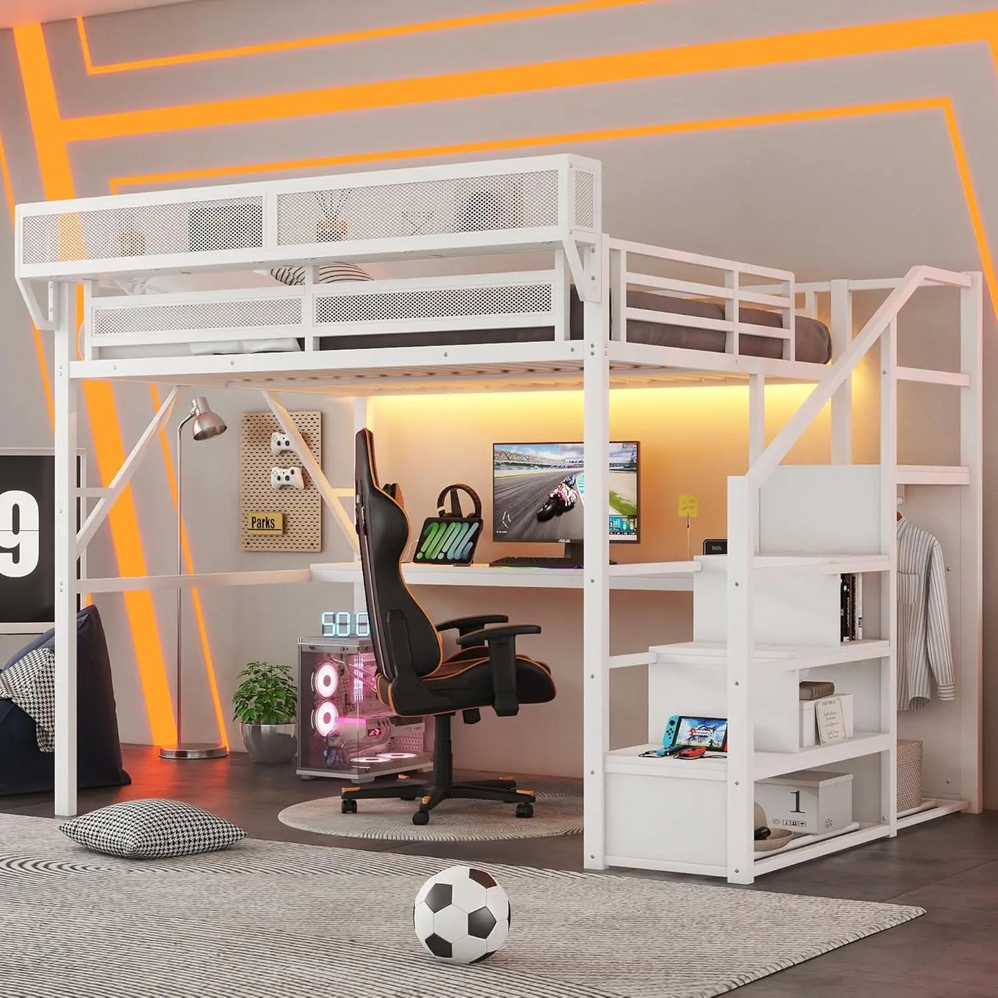 Queen Size Loft Bed Frame for Adults, Metal Loft Bed with Stairs & Storage, Wardrobe, Bedside Shelf and Large, Customized