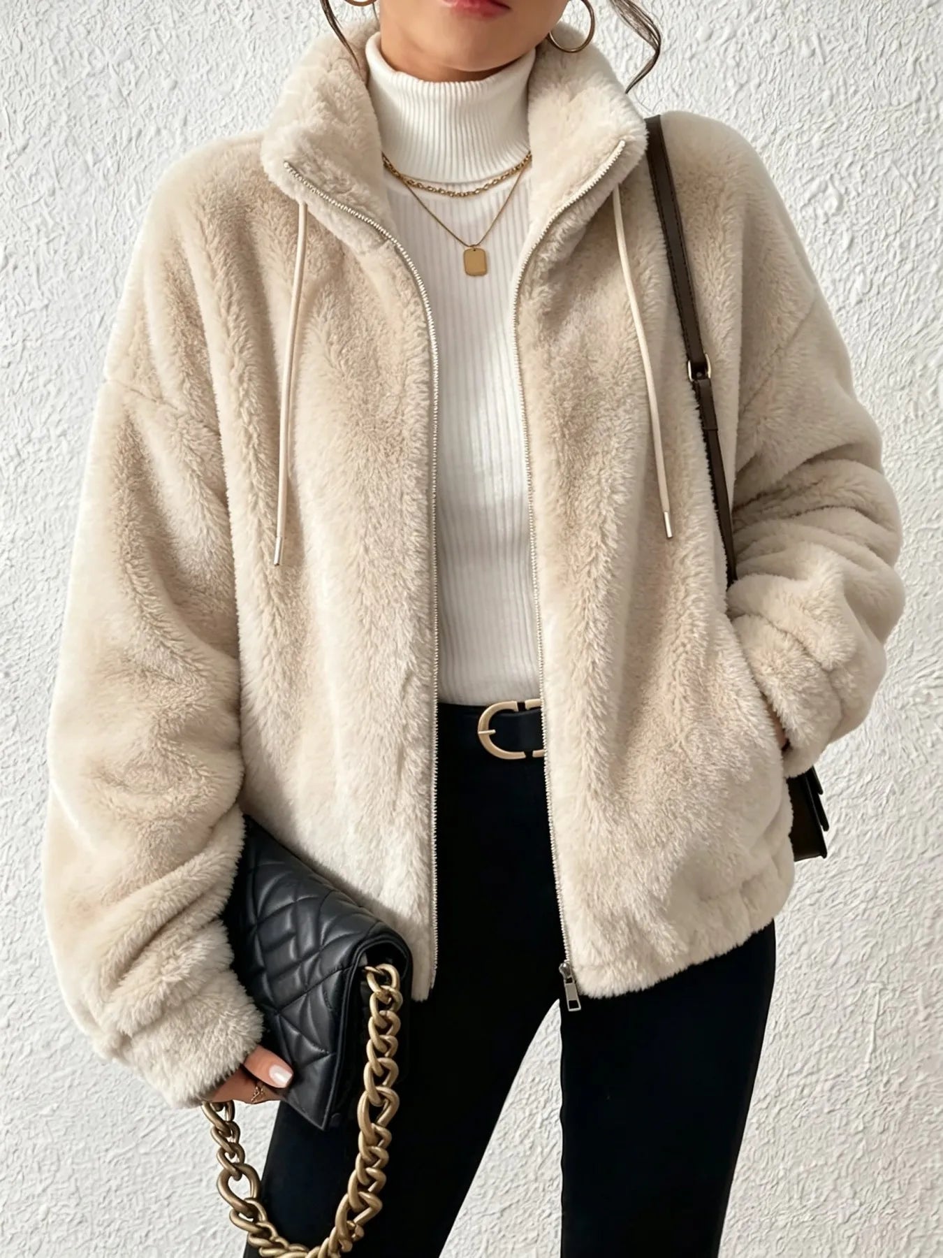 Women Fuzzy Fleece Zip Up Jacket Stand Collar Drawstring Loose Oversized Coat Warm Plush Winter Outerwear Casual Streetwear