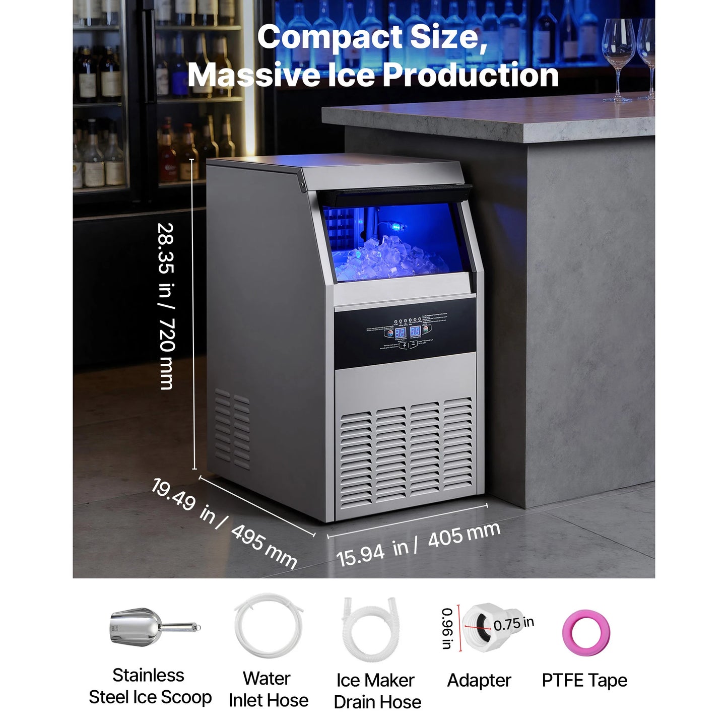 SucceBuy Commercial Ice Maker Machine 80/100/130/160 lbs 24h with 13/30 lbs Storage Capacity Stainless LED Display for Home Bar