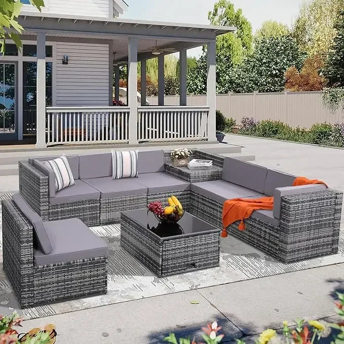 Outdoor Rattan Patio Furniture Set With Glass Table Hidden Storage