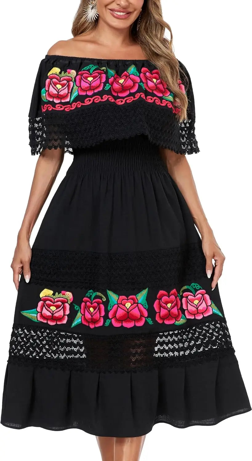 Women Cotton Off Shoulder Mexican Peasant Casual Dress