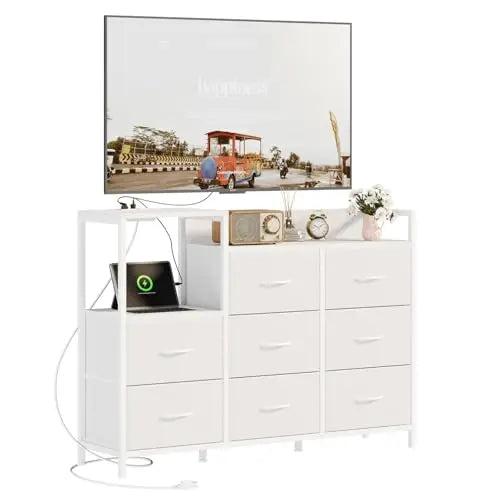 MCQ 8 Fabric Drawers And1 Open Space Cabinets Metal Frame Bedside End Table Storage With Charging Station for Home Furniture