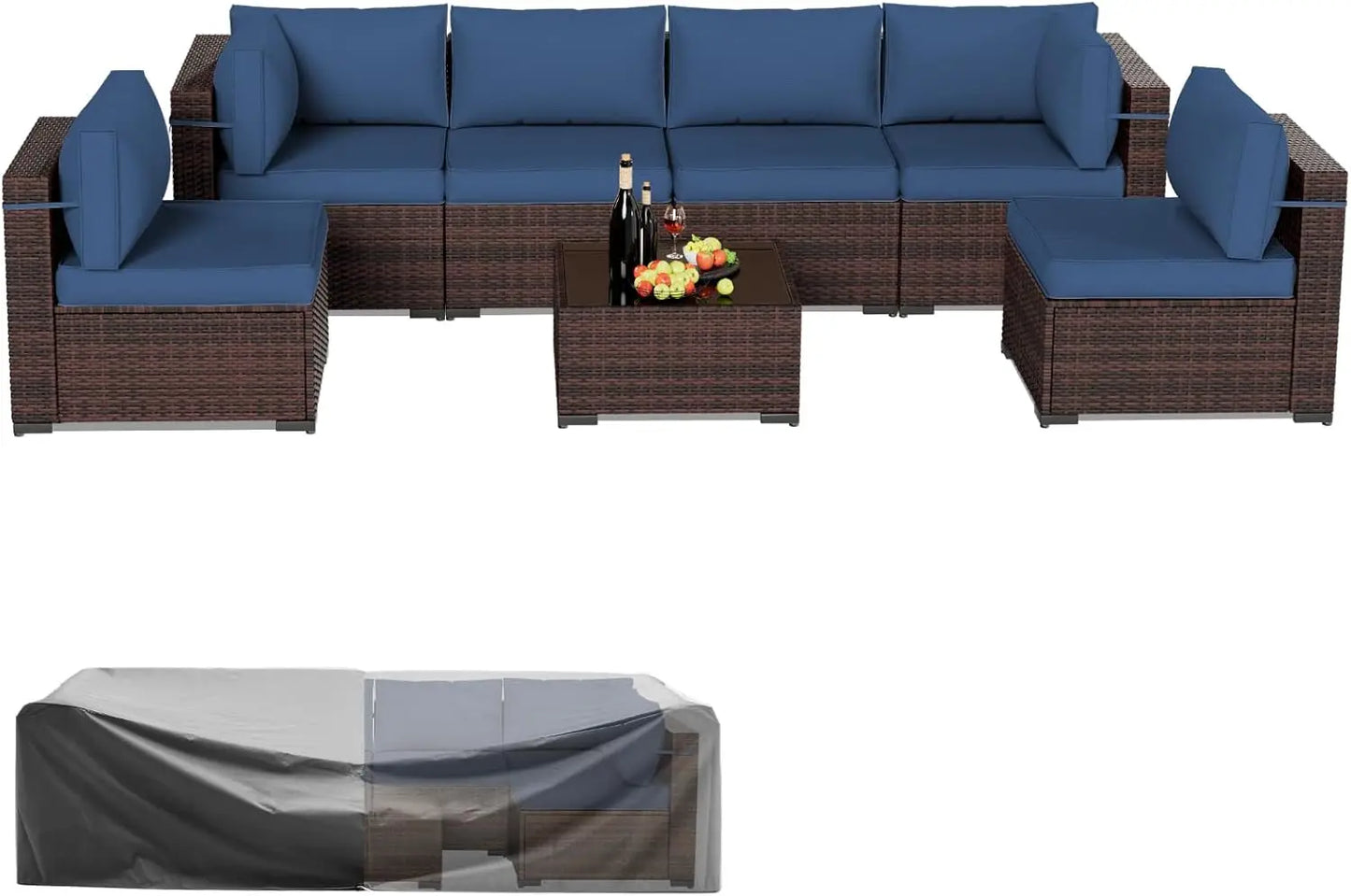 Patio Furniture Sets, 7 Pieces Outdoor Rattan Sectional Sofa Set with Glass Table and Cushions Outdoor Indoor Backyard L Garden