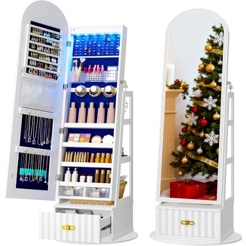 Full Length Jewelry Mirror Cabinet With Storage And Rotating Stand