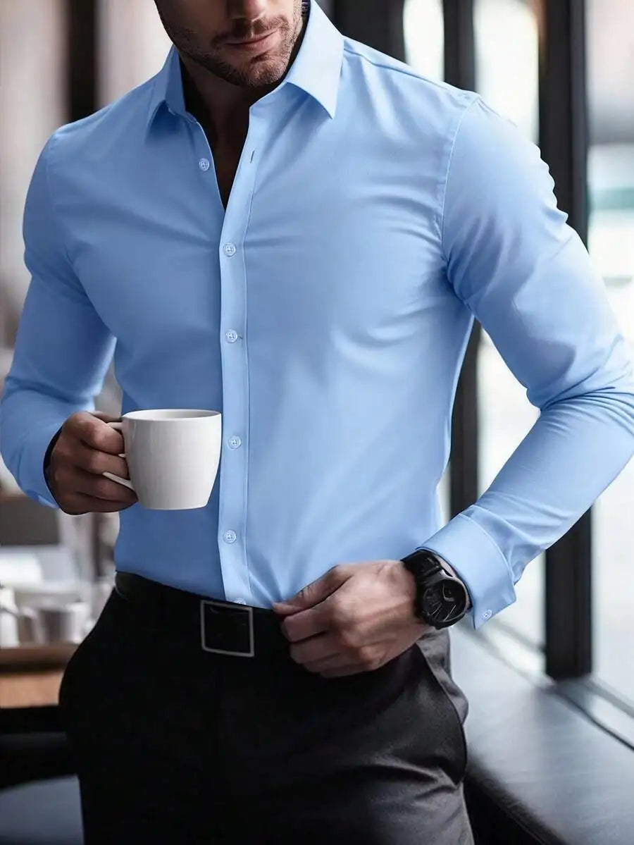 Mens Solid Color Long Sleeve Button Up Shirt Stand Collar