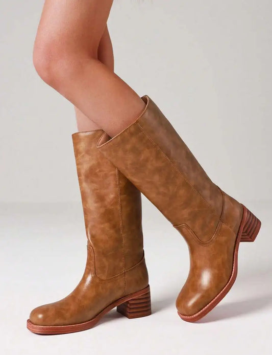 Knee High Boots For Women Square Toe Chunky Block Heel Pull On Riding Boots Autumn Casual
