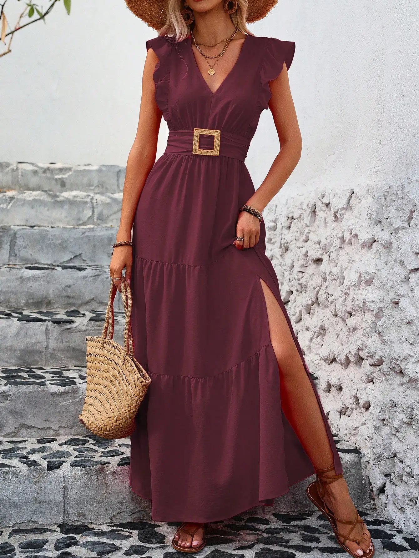 Ruffle Trim High Slit Maxi Dress For Summer Vacation Beach Outfit Women