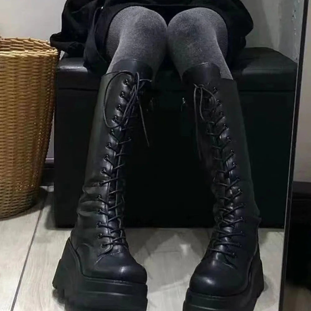 DoraTasia Gothic Lace Up Round Toe Mid Calf Boots With Side Zipper