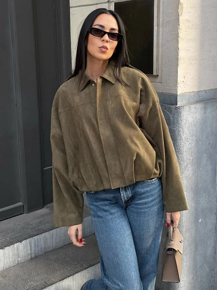 CN Jiangsu Women Suede Bomber Jacket With Zipper