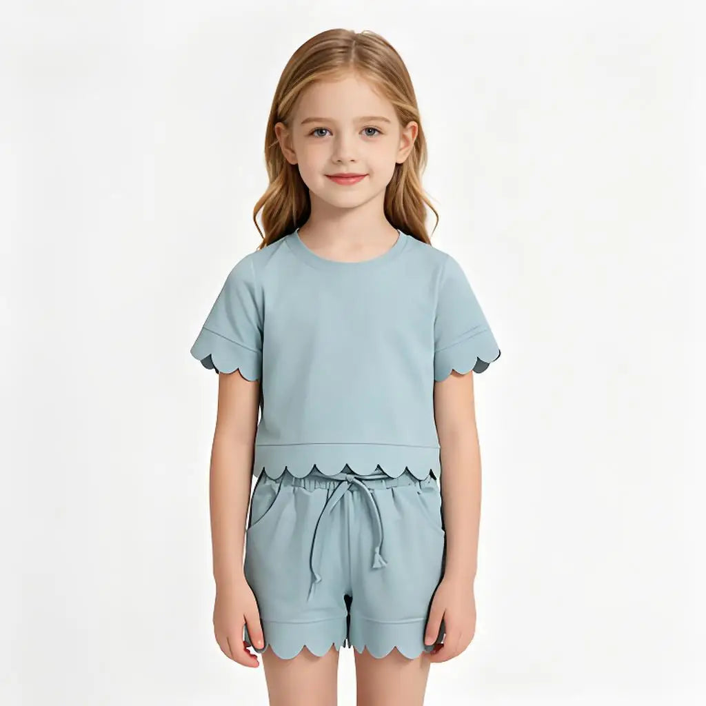 Cotton Clothes Sets for Sibling Baby Girls with Short Sleeve Top Pockets And Scallop Shorts