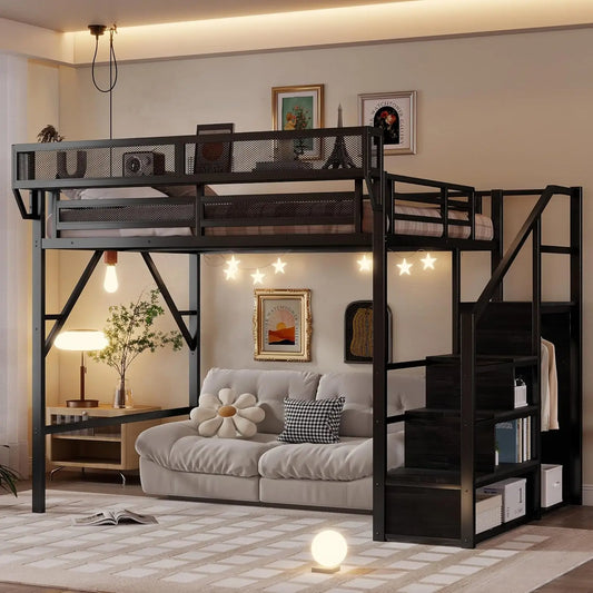 Queen Size Loft Bed Frame for Adults, Metal Loft Bed with Stairs & Storage, Wardrobe, Bedside Shelf and Large, Customized