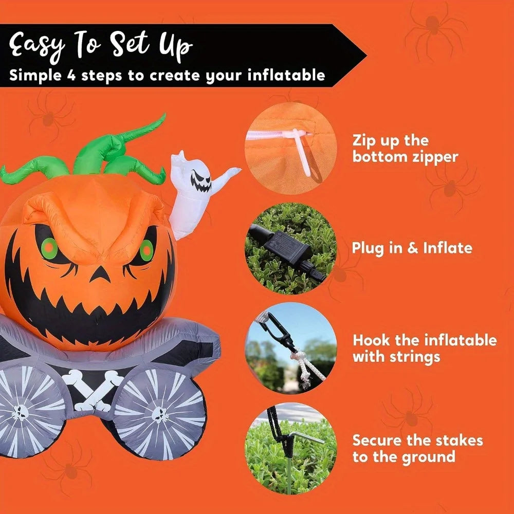 8 Ft Long Pumpkin Carriage Halloween Inflatables Outdoor Decorations Blow Up Pumpkin Carriage with Build-in LEDs Blow Up for Yard, Halloween Inflatables Party Decoration Outside Garden Lawn