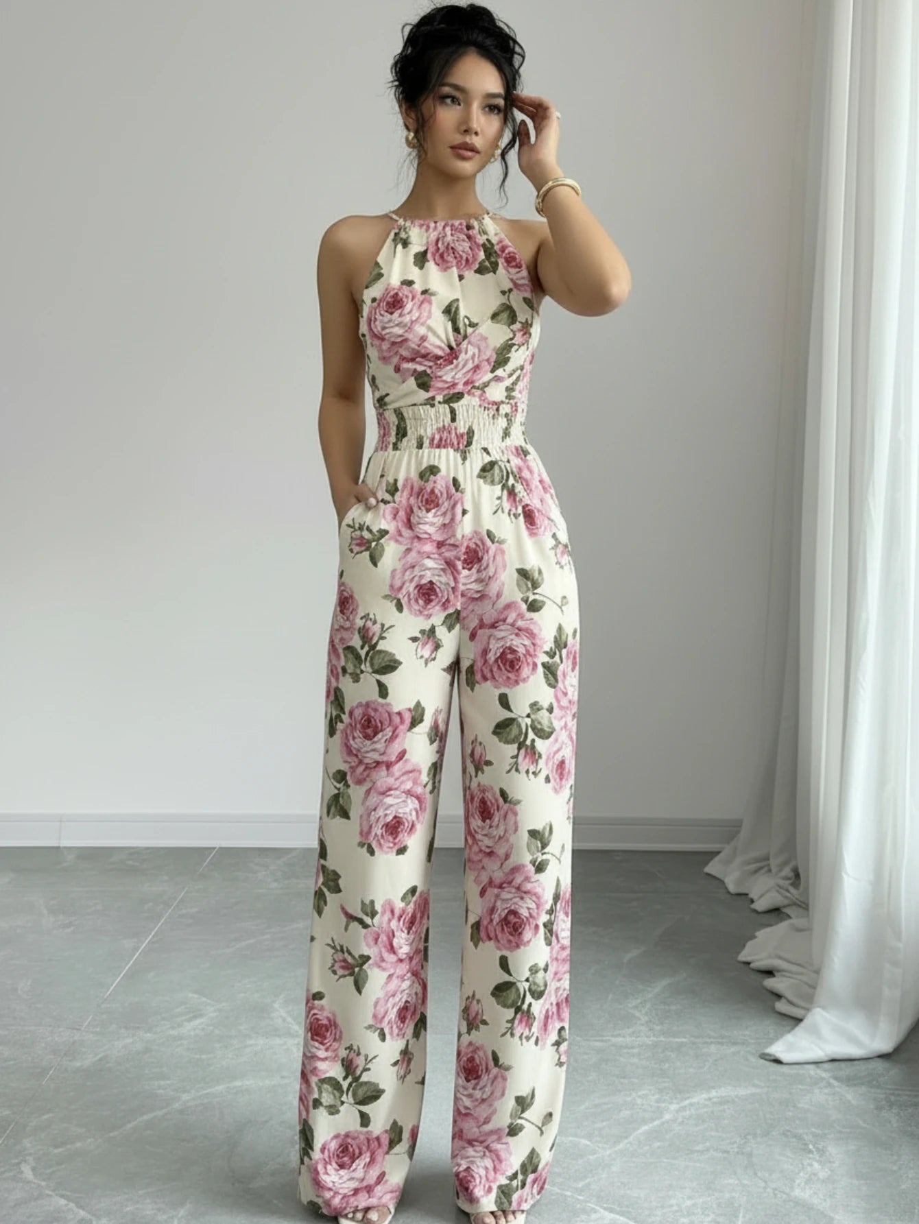 Women Halter Wrap Front Printed Wide Leg Jumpsuit For Casual Streetwear Vacation And Daily Occasion