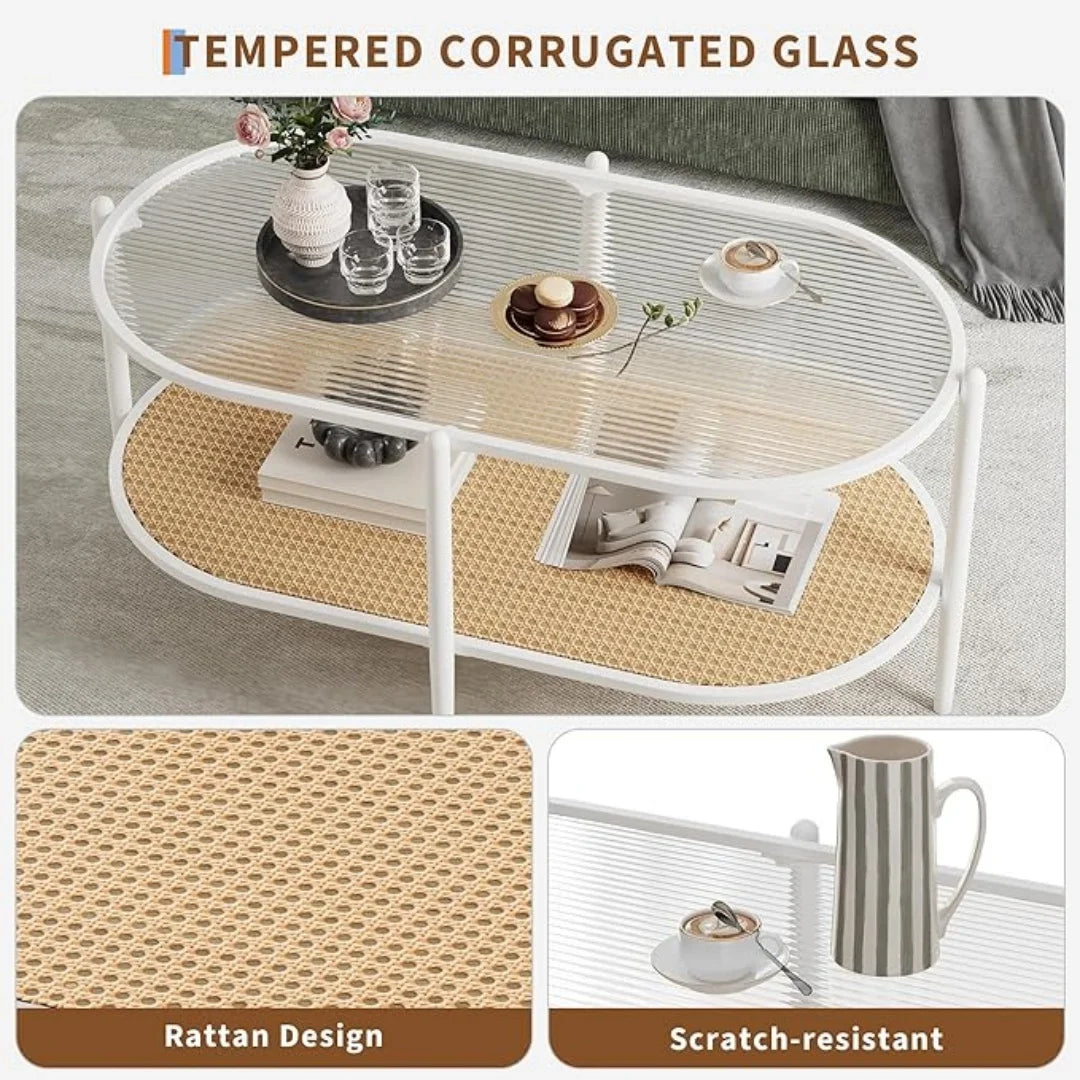 Boho Farmhouse Two Tier Rattan Coffee Table With Glass Top