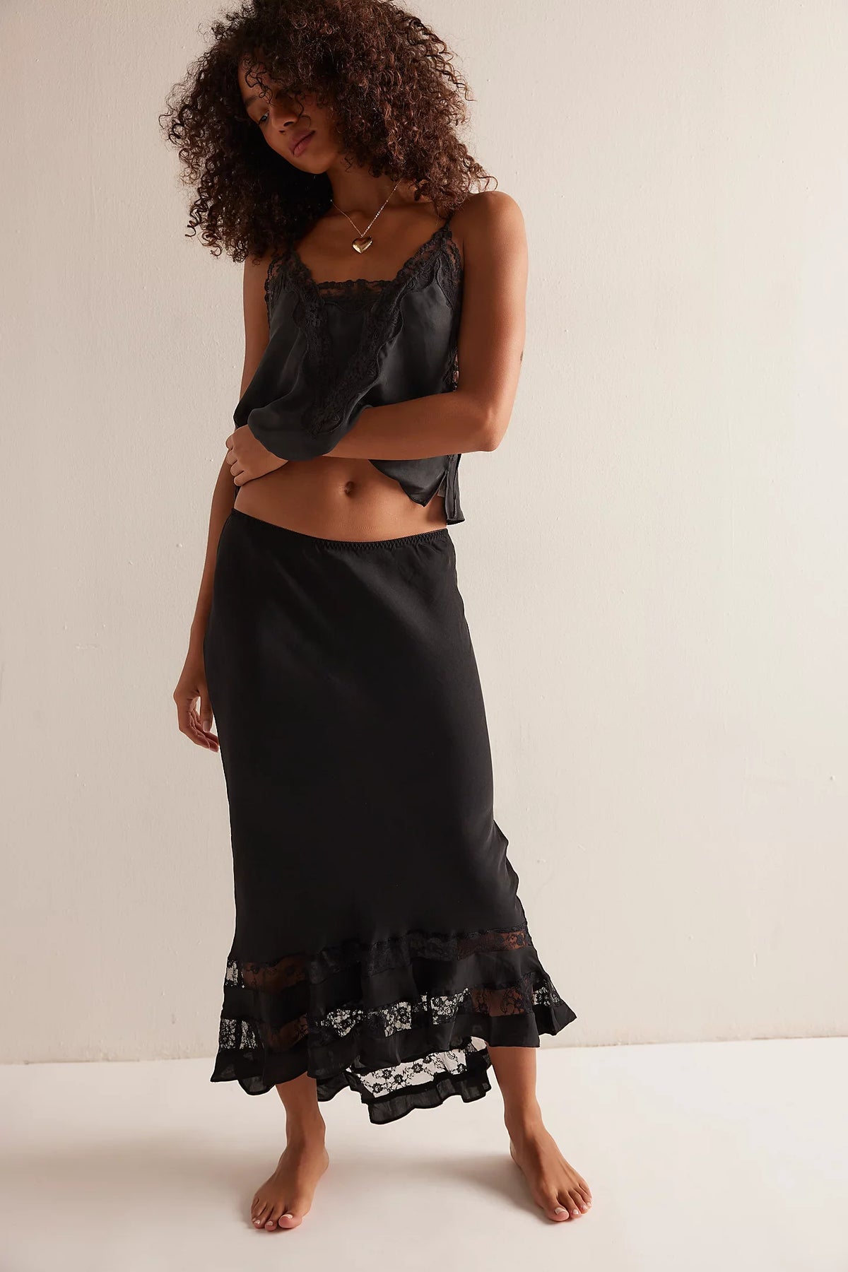 Women Elegant Satin A Line Long Skirt With Ruffle Hem