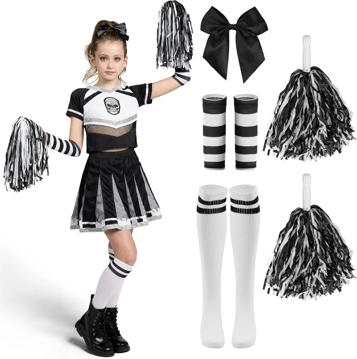 Spooktacular Creations Halloween Cheerleader Costume Girls Bad Spirit Costume for Kids Skull Scary Outfit with Accessories