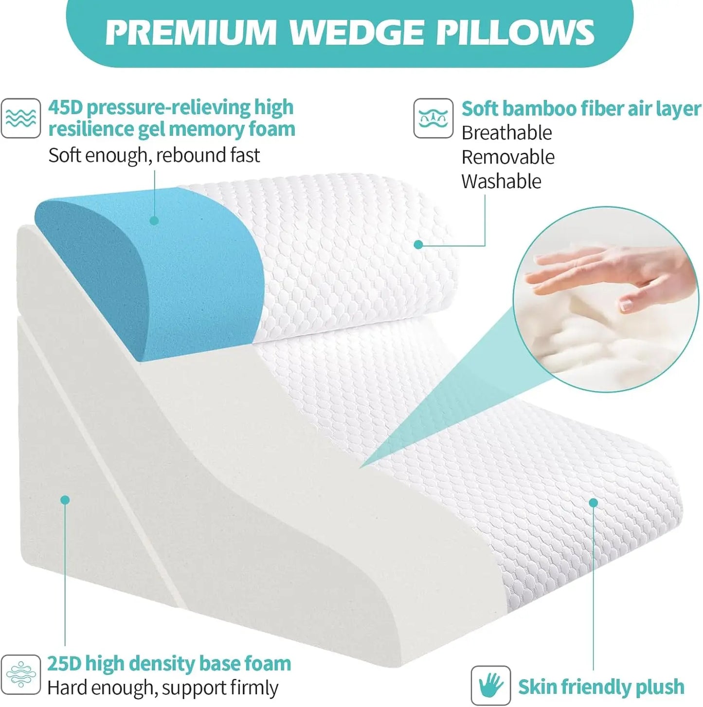 Adjustable Memory Foam Wedge Pillow Set, 3PCS Orthopedic Bed Pillows for Sleeping Post Surgery, 9-20 Inch Height
