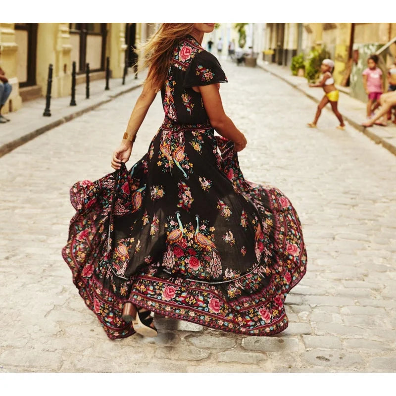 Women's Summer Vintage Floral Deep V Neck High Low Dress
