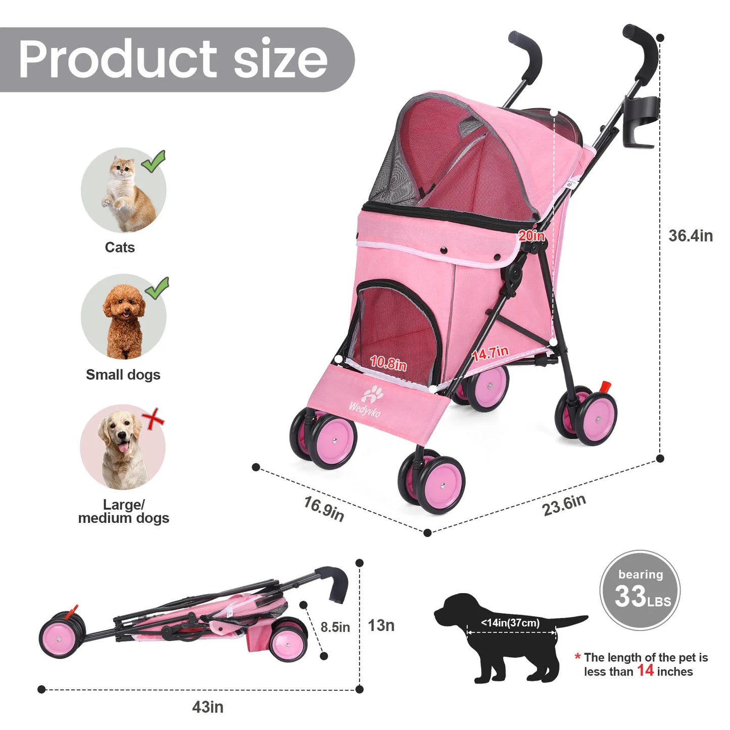 Wedyvko Pet Stroller Four Wheels With Brakes And Storage