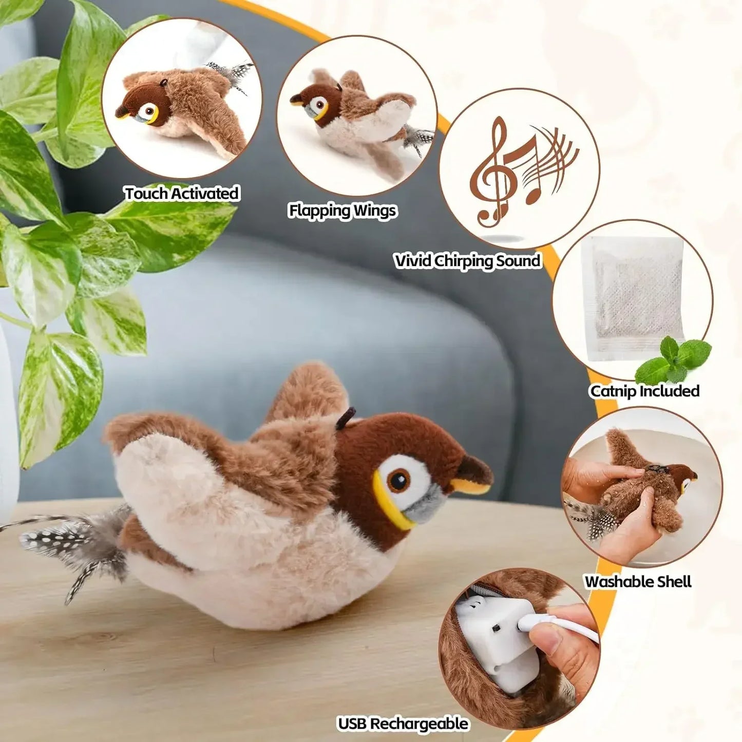 Bird Shaped Interactive Cat Toy With Rechargeable Chirping Flapping Plush