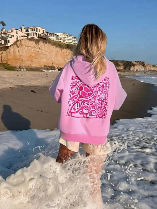 Women Embroidered Ocean Pattern Hoodie With Turtle Embroidery