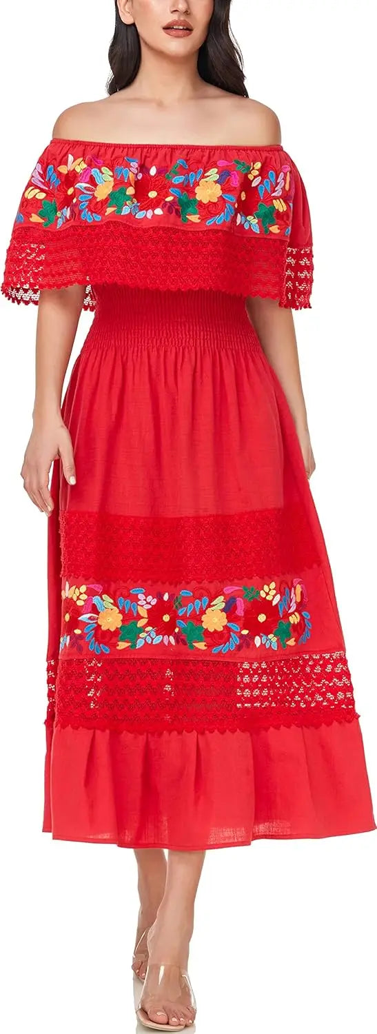 Women Cotton Off Shoulder Mexican Peasant Casual Dress