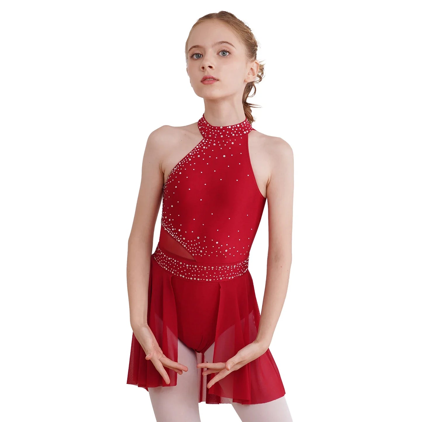 NONECN Girls Rhinestone Halter Ice Skating Dress Skirted Leotard Dancewear