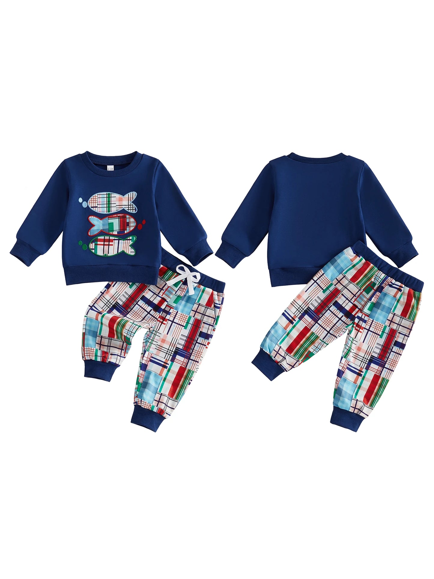 Girls Two Piece Plaid Pants Set With Embroidered Sleeve Sweatshirt