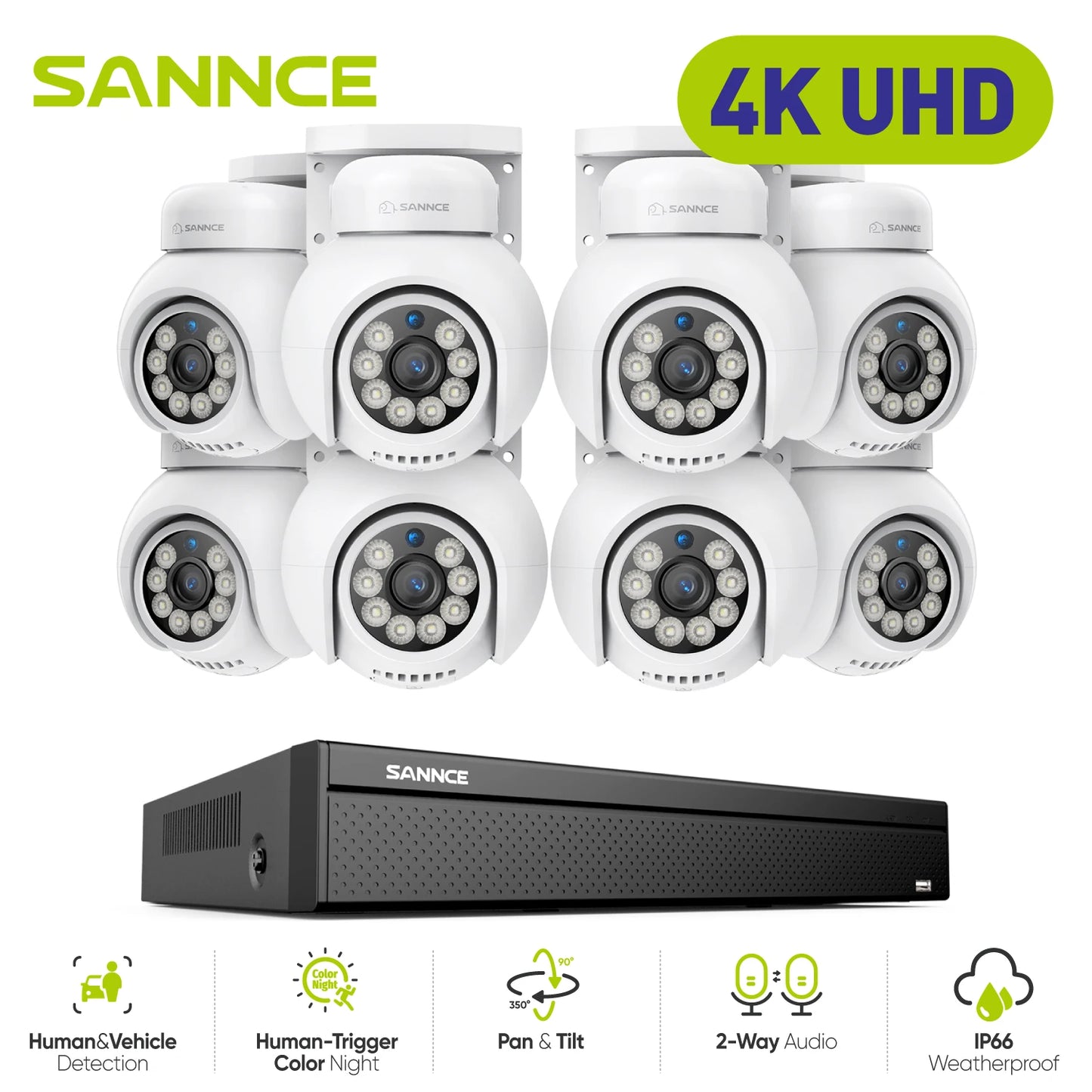 SANNCE 4K UHD 8MP POE Security Camera System 16CH NVR color Night Vision Camera ONVIF,4K Outdoor Security PT IP Cameras