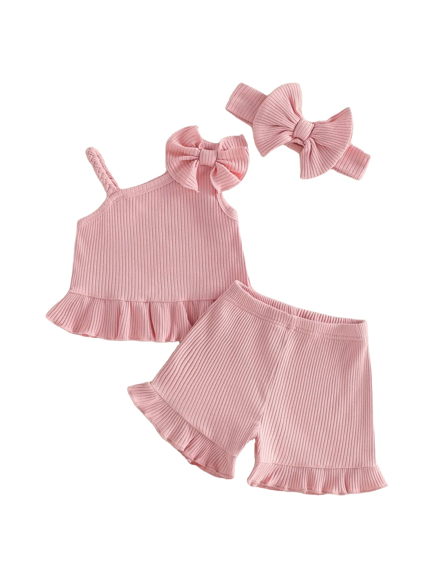 Adorable Toddler Girl s Summer Ensemble with Bow Detail Ribbed Sleeveless Top Ruffle Shorts and Matching Headband - 3 Piece