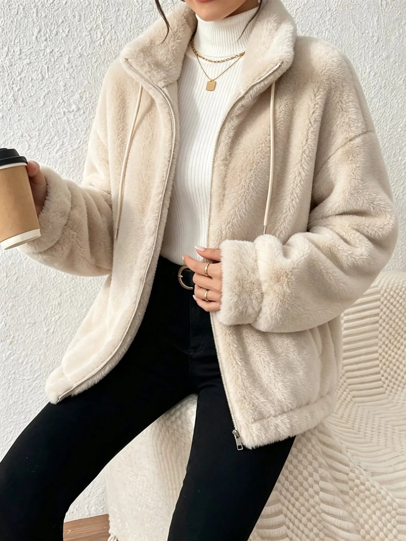 Women Fuzzy Fleece Zip Up Jacket Stand Collar Drawstring Loose Oversized Coat Warm Plush Winter Outerwear Casual Streetwear
