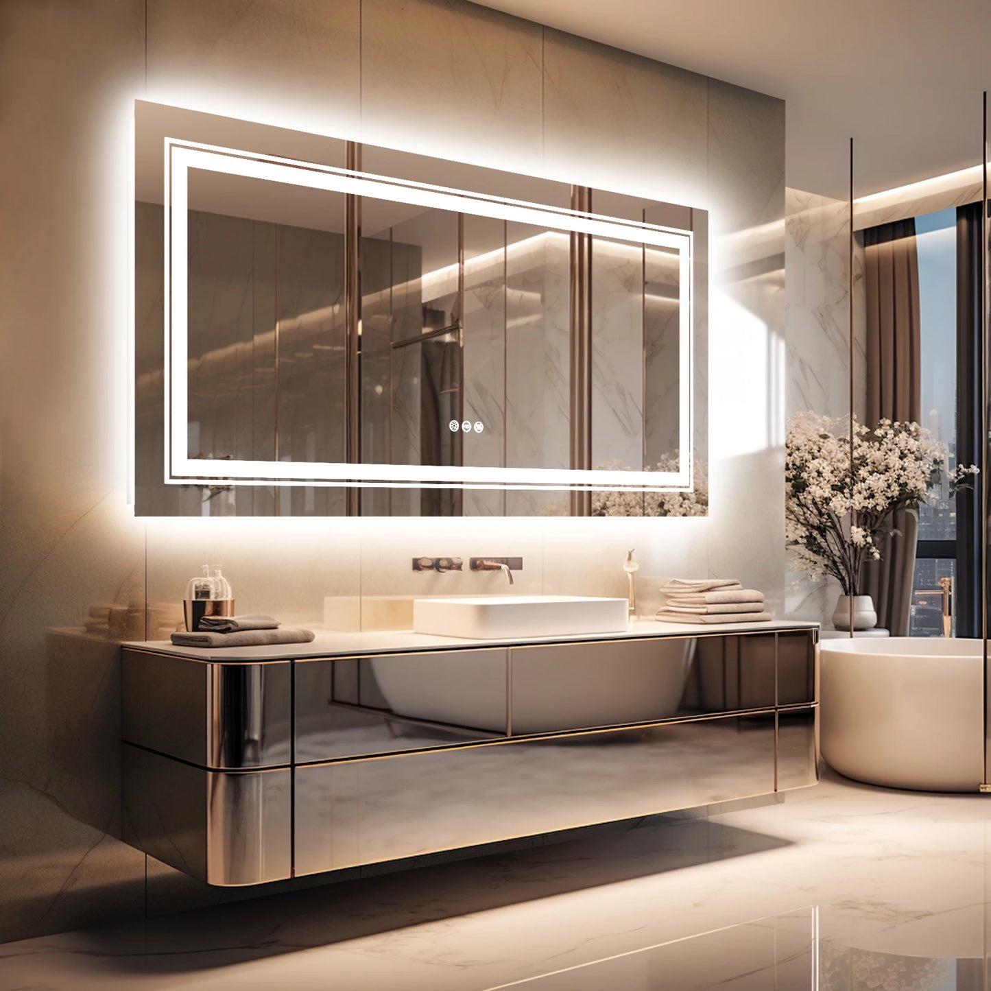 LED Illuminated Bathroom Mirror With Front Backlit Fogless Wall Mount