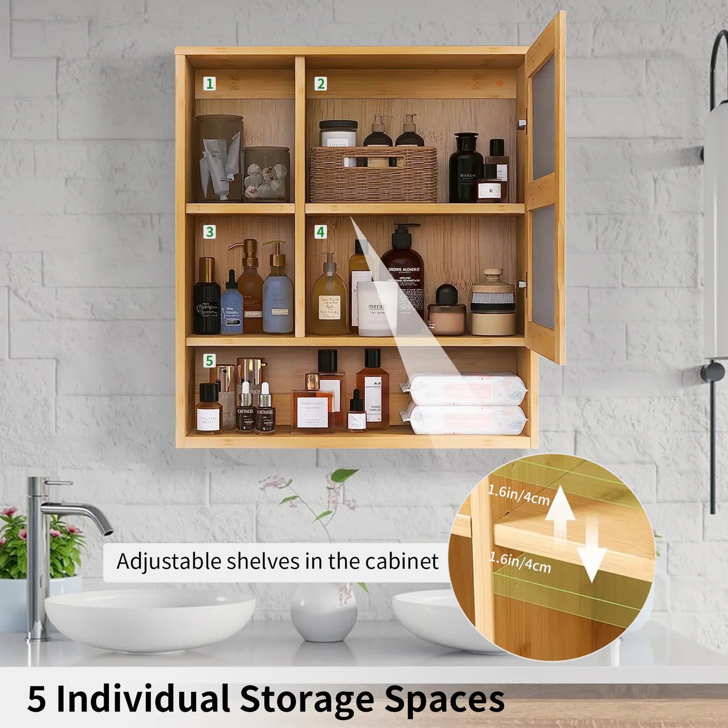 Bathroom Wall Mounted Bamboo Medicine Cabinet Mirror Large Storage Shelving