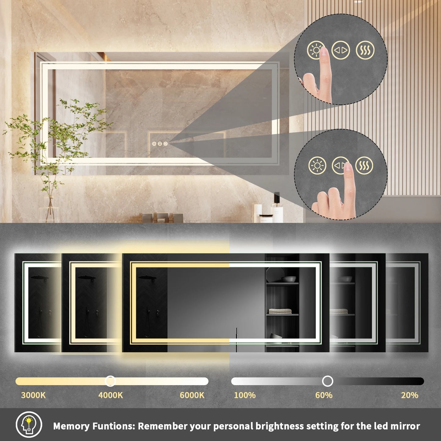 LED Illuminated Bathroom Mirror With Front Backlit Fogless Wall Mount