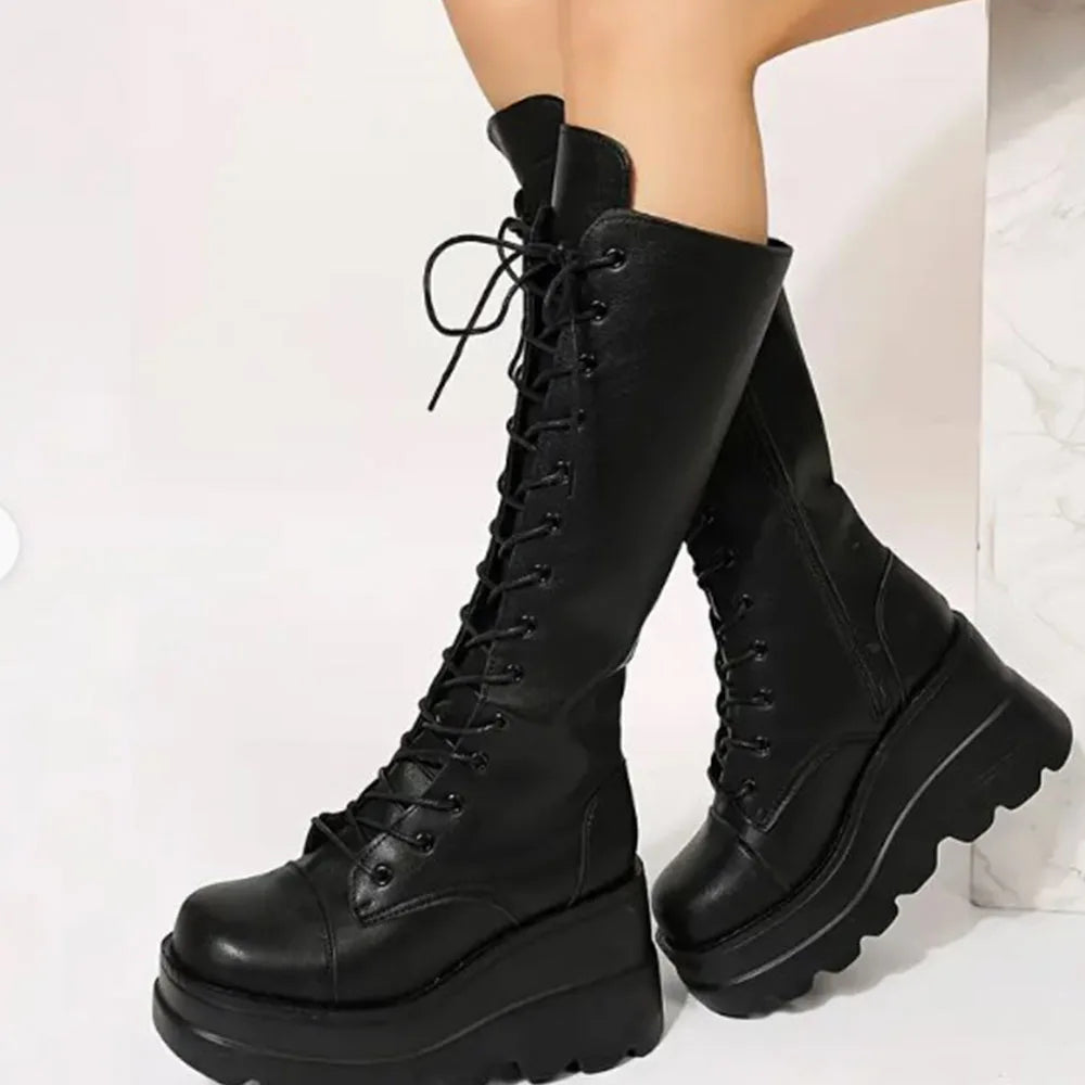 DoraTasia Gothic Lace Up Round Toe Mid Calf Boots With Side Zipper
