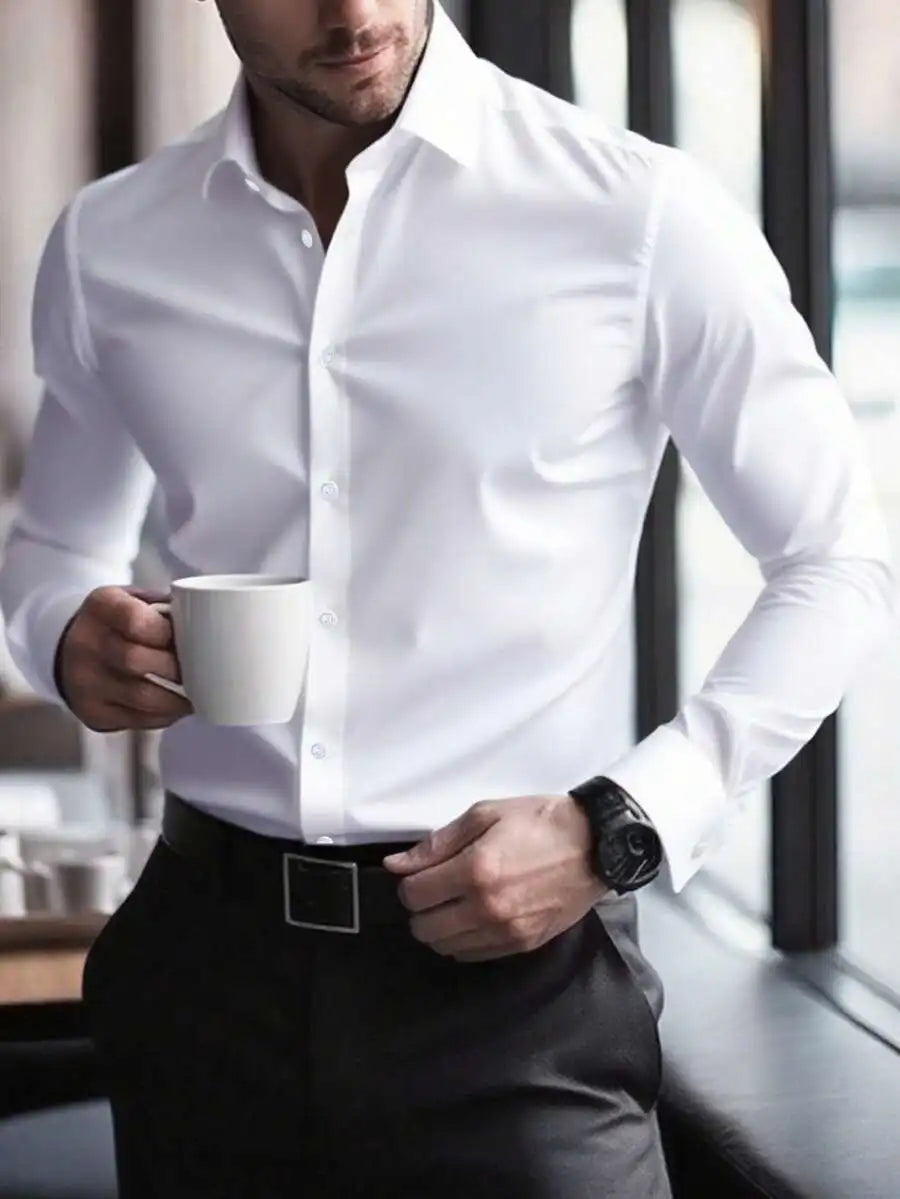 Mens Solid Color Long Sleeve Button Up Shirt Stand Collar