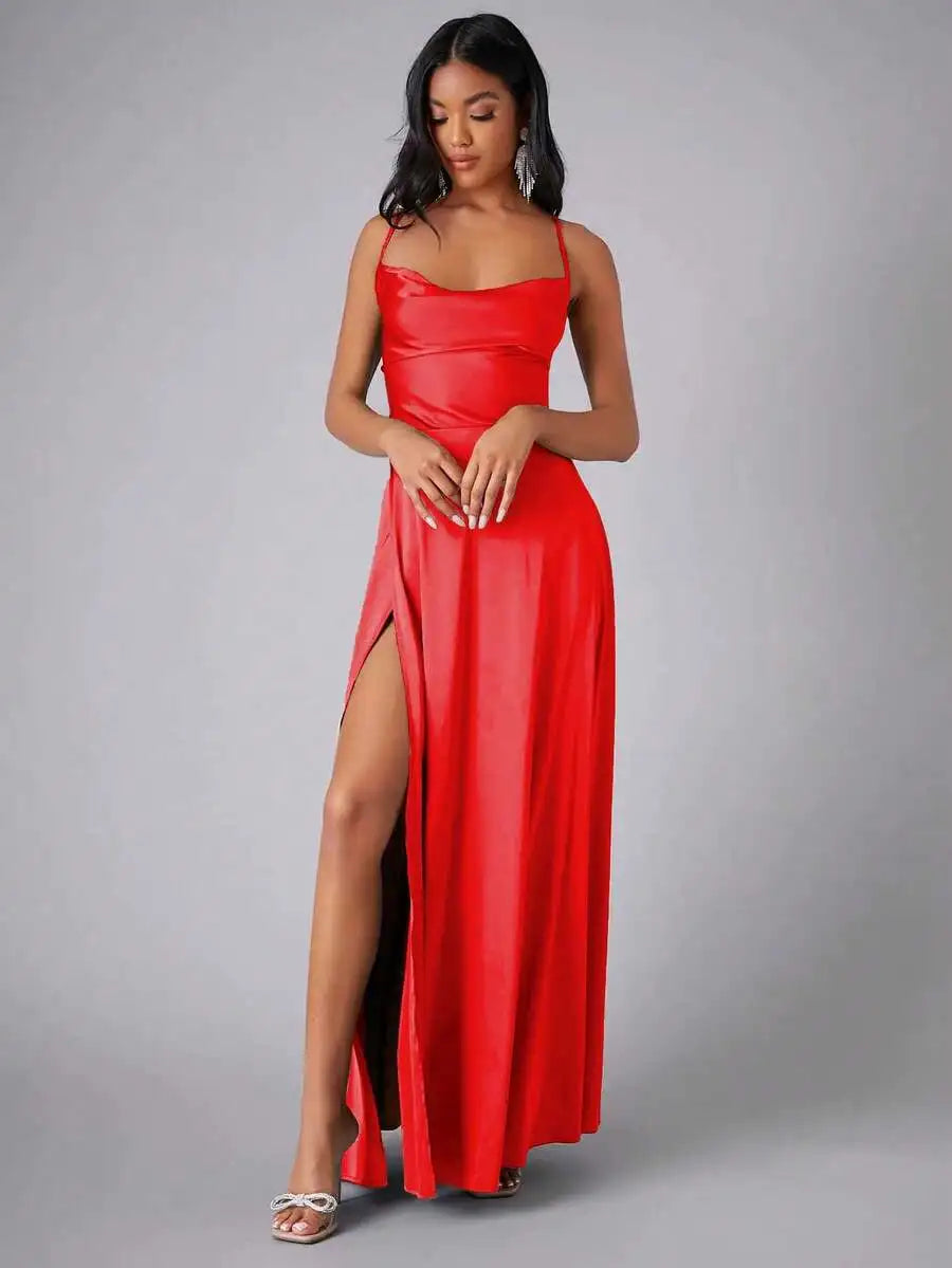 Satin Spaghetti Strap Prom Dress With High Slit And Draping