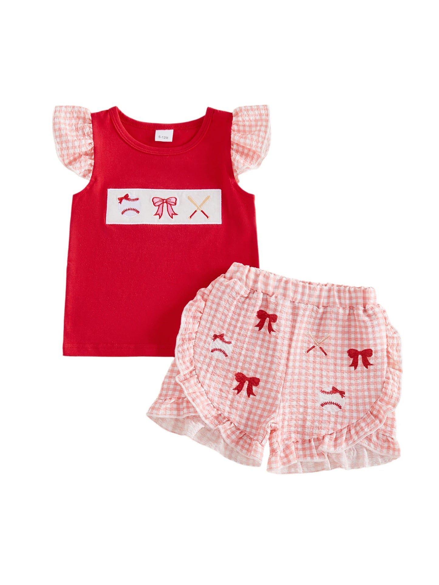 Adorable Infant Girl s Summer Ensemble with Baseball Bow Detail Ruffled Trim Flutter Sleeves and Plaid Shorts - 2 Piece Set