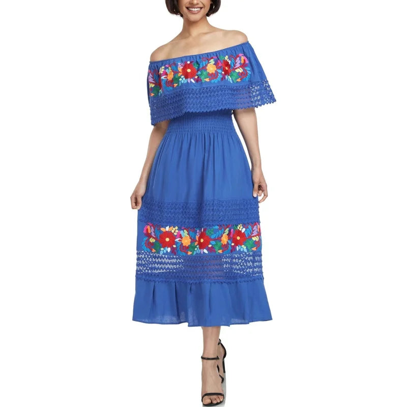 Women Cotton Off Shoulder Mexican Peasant Casual Dress