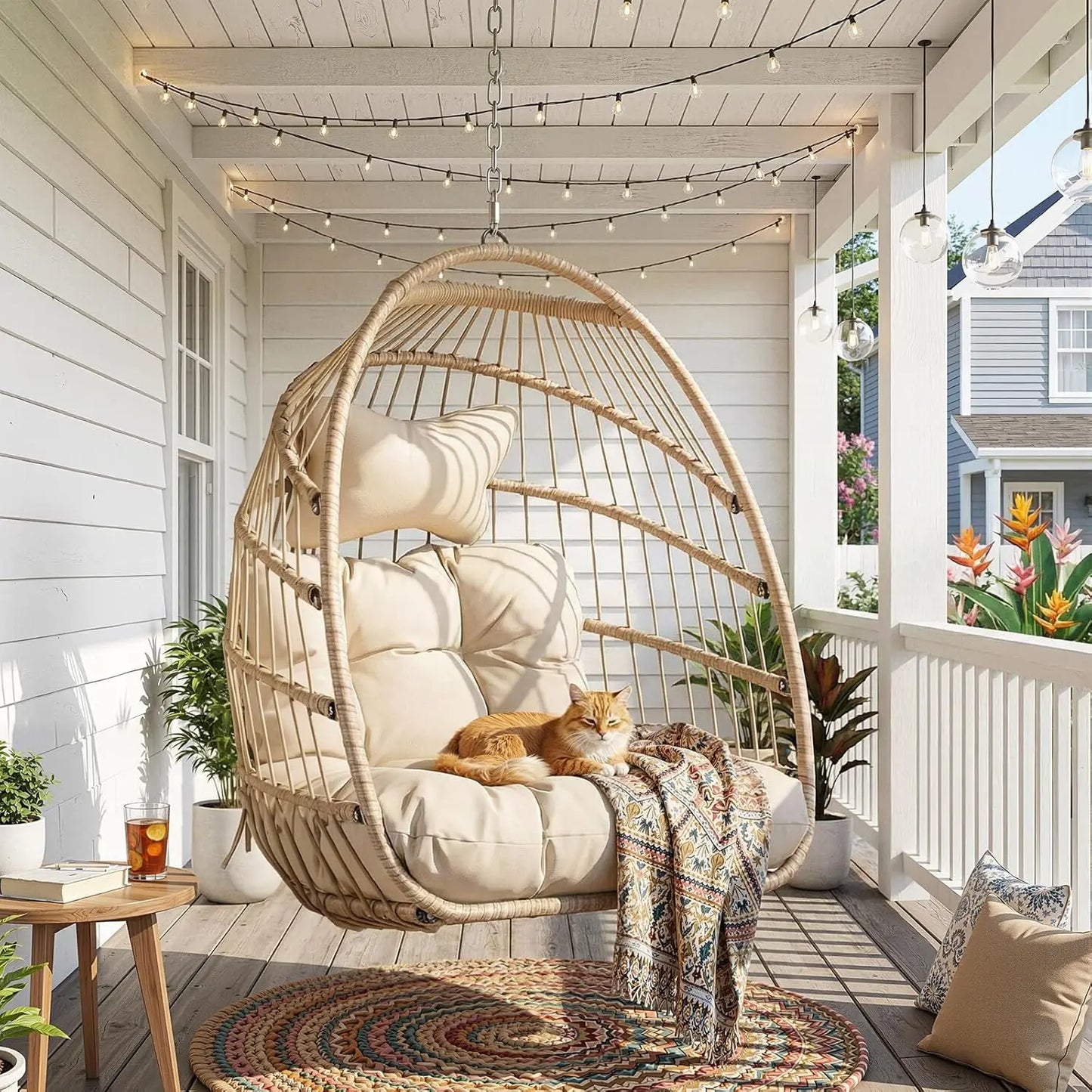 Outdoor Hanging Egg Chair Without Stand, Patio Wicker Swing Egg Basket Chairs with Padded Cushion, 350 Lbs Comfy Cozy Ceiling Tr
