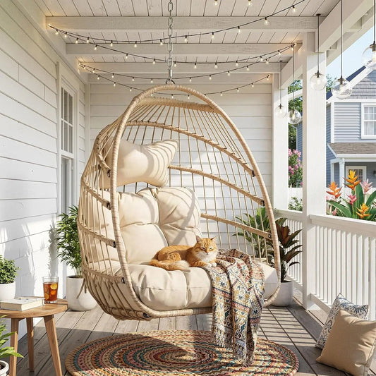 Outdoor Hanging Egg Chair Without Stand, Patio Wicker Swing Egg Basket Chairs with Padded Cushion, 350 Lbs Comfy Cozy Ceiling Tr