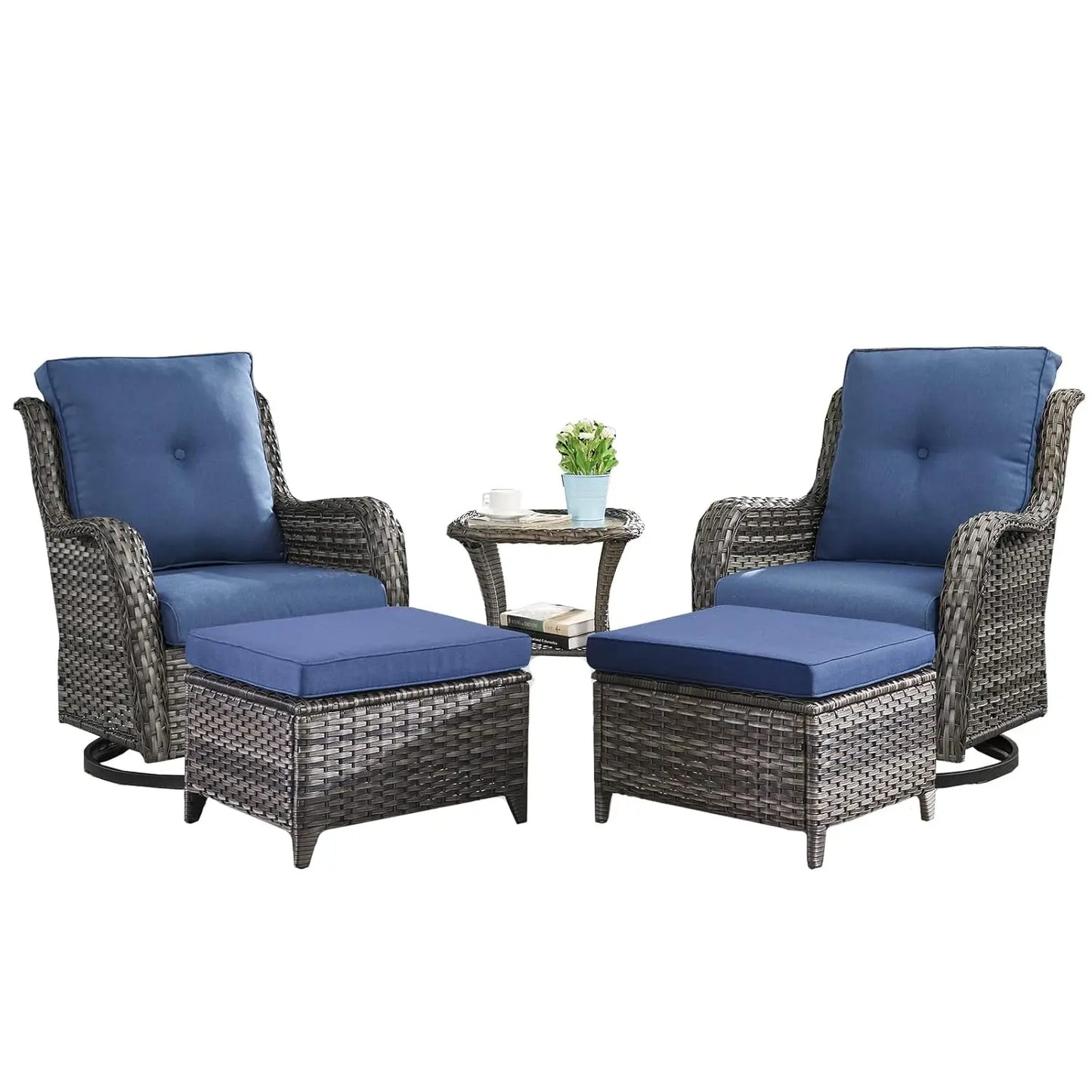 Wicker Patio Furniture Set - 5 Piece Rattan Outdoor Sectional Conversation Sets with 2 Swivel Rocking Chairs,2, Customized