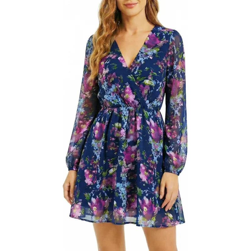 Womens Elegant V Neck Chiffon Dress Long Sleeve Spring Party Wear