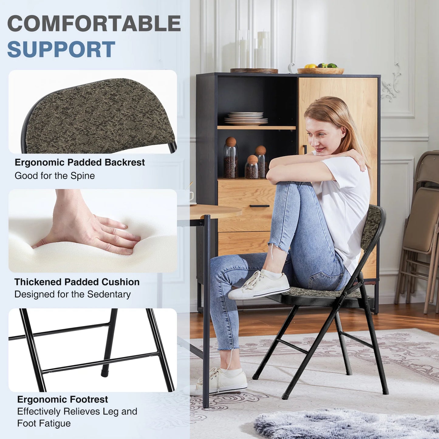 MCQ 4 Pack Foldable Fabric Padded Cushion Office Chair Ergonomic Metal Frame Soft Cushion Lumbar Support Heavy Capacity 330LB For Home Office﻿
