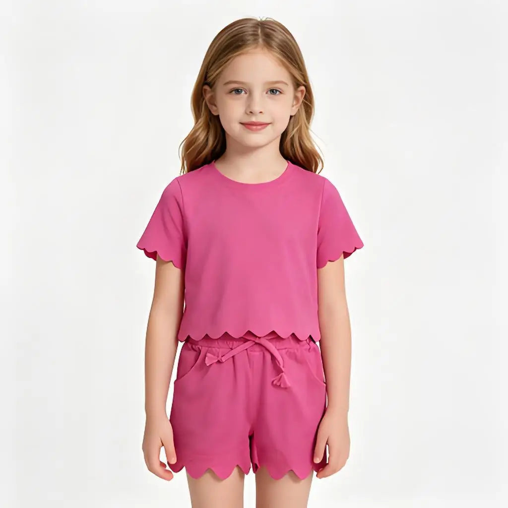 Cotton Clothes Sets for Sibling Baby Girls with Short Sleeve Top Pockets And Scallop Shorts