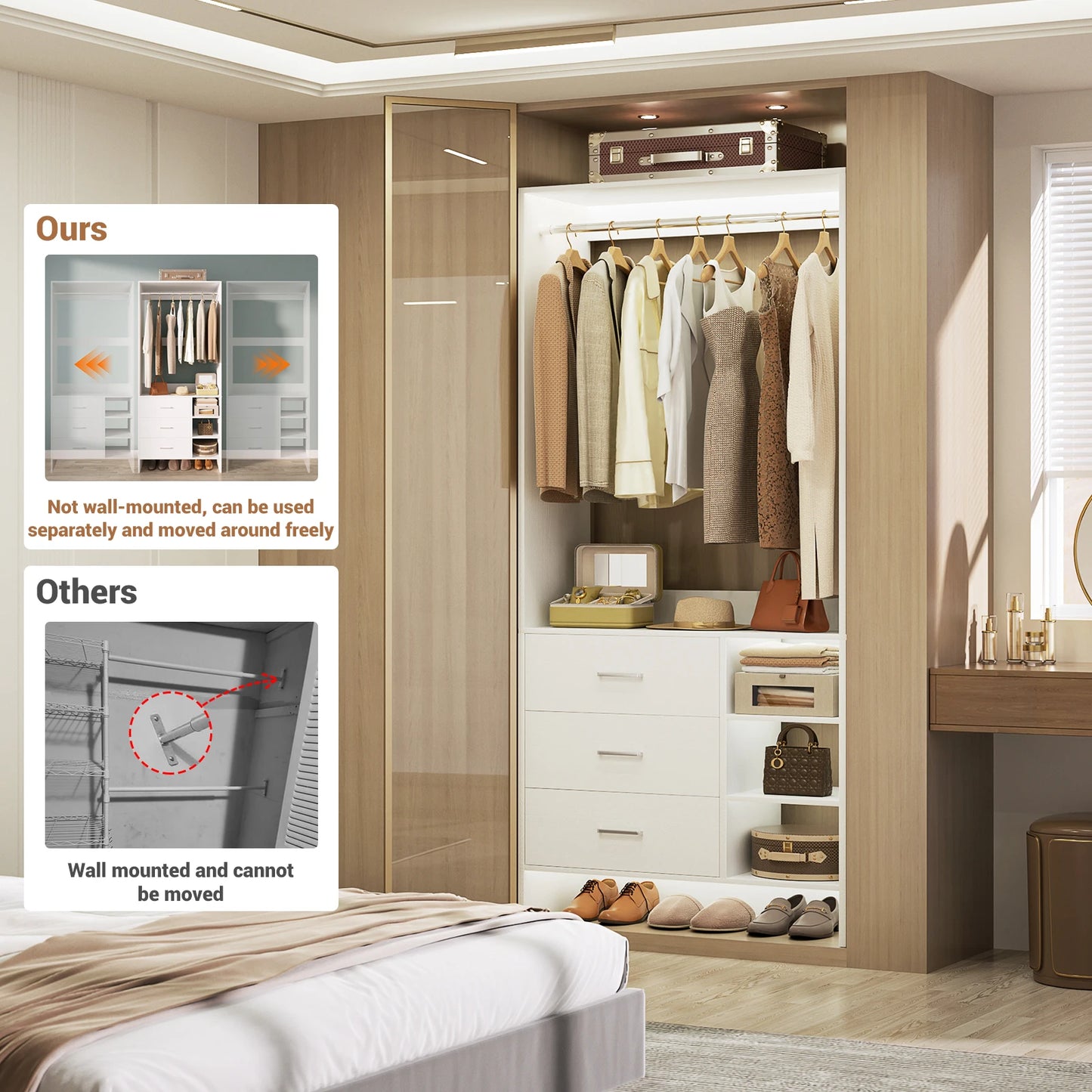 Aheaplus 2.5FT Wood Closet Organizer System with 3 Drawers 29.5'' Walk-in Or Small Closet Wardrobe with Clothes Rack And Hanging Rods